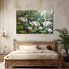 Bedroom with a painting of swans on a pond above a bed.