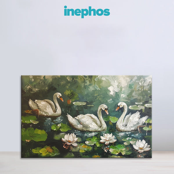 Painting of swans and water lilies with 'inephos' branding above.