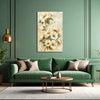 Green living room with a floral painting, green sofa, and gold lamp.