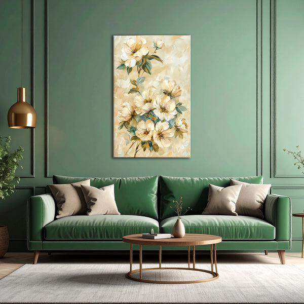 Green living room with a floral painting, green sofa, and gold lamp.