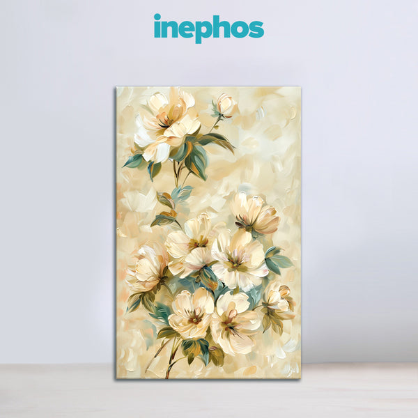 Floral painting with 'inephos' branding on a light gray background