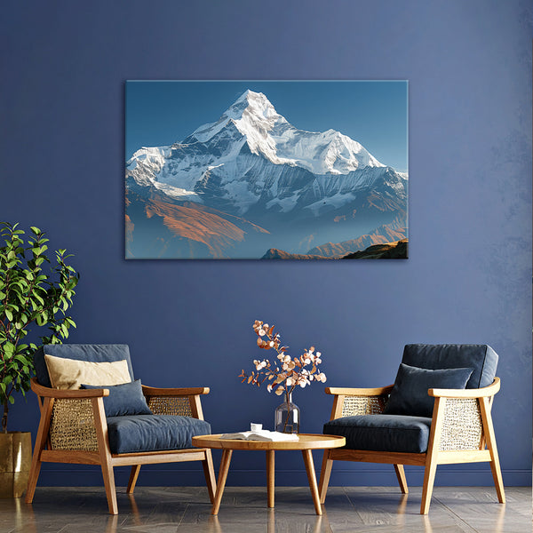 Living room with a mountain painting on the wall, two chairs, and a coffee table.