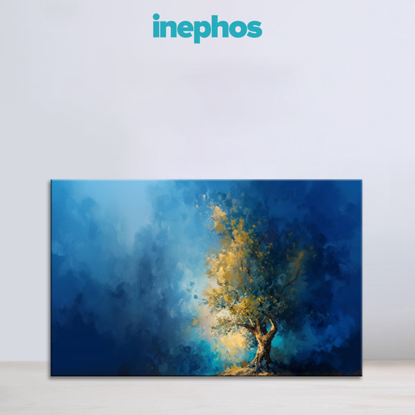 Abstract painting of a tree with blue and gold colors on a light gray background, featuring the brand 'inephos'.