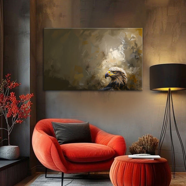 Modern living room with a red armchair, abstract eagle painting, and decorative lamp.