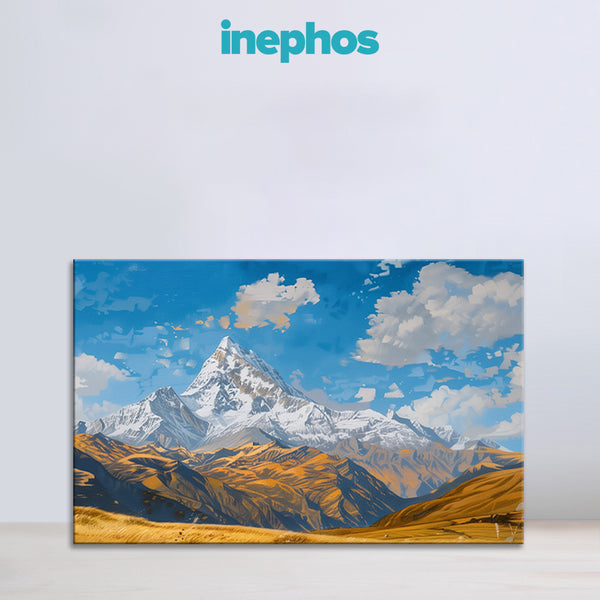 Mountain landscape with snow-capped peak and blue sky, featuring the brand 'inephos'.
