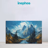 Canvas print of a mountain landscape with a river and trees, branded 'inephos'.