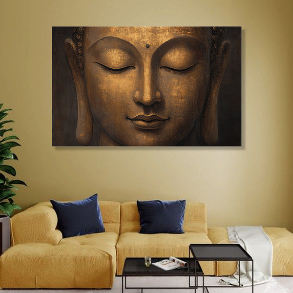 Radiant Golden Buddha Face | Spiritual Canvas Wall Art for Home, Office & Meditation Décor