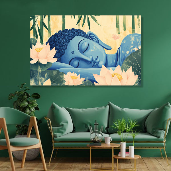 Sleeping Blue Buddha with Lotus | Peaceful Canvas Painting for Mindful Spaces