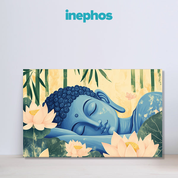 Sleeping Blue Buddha with Lotus | Peaceful Canvas Painting for Mindful Spaces