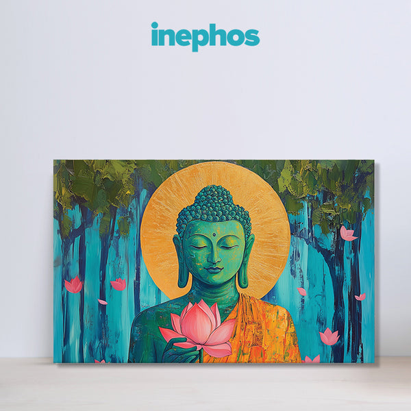 Enlightened Green Buddha with Lotus | Colorful Spiritual Canvas Wall Art for Calm Interiors