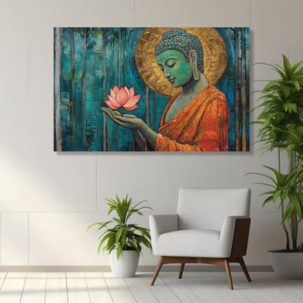 Serene Buddha with Flower Offering | Teal Orange Canvas Wall Painting for Tranquil Décor