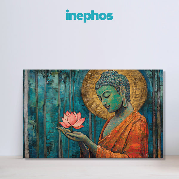 Serene Buddha with Flower Offering | Teal Orange Canvas Wall Painting for Tranquil Décor