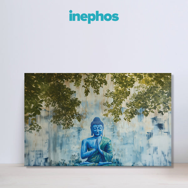 Praying Blue Buddha under Bodhi Tree | Spiritual Wall Art for Mindful Meditation Corners
