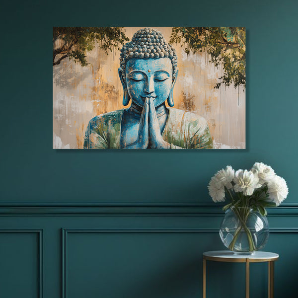 Namaste Buddha in Blue | Elegant Canvas Painting for Spiritual Calm and Interior Sophistication