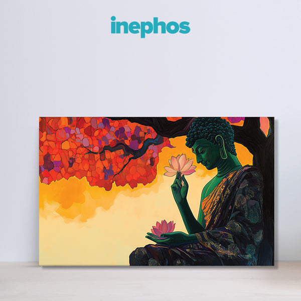 Green Buddha under Red Tree | Modern Canvas Wall Art for Spiritual Elegance and Nature Harmony