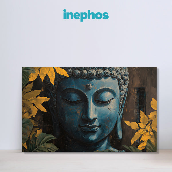 Blue Buddha Surrounded by Yellow Leaves | Tranquil Canvas Wall Art for Peaceful and Earthy Interiors