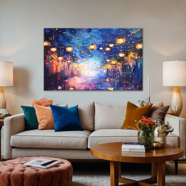 Light Up Your Room Painting | Golden Diwali Lights & Lanterns Canvas | Happy Positive Energy Flow Wall Art for Home Décor