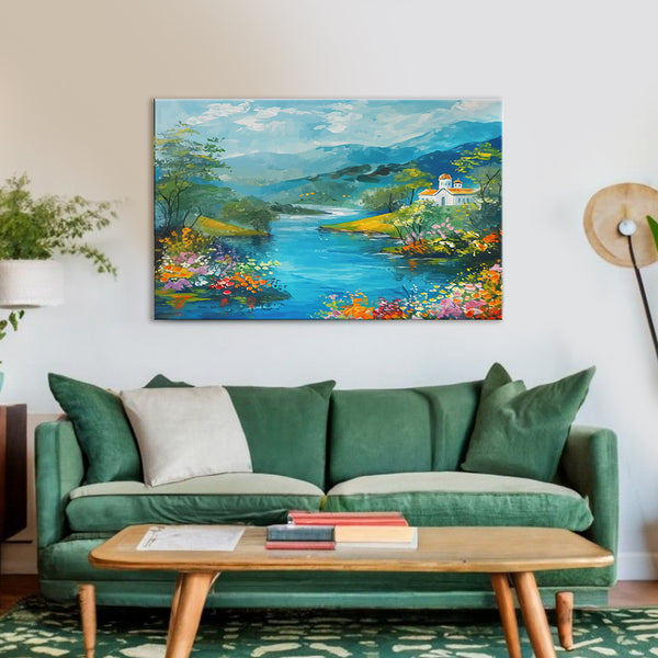 Peaceful Riverside Painting | Nature Canvas With Flowers And Water View | Landscape Wall Art For Living Room And Home Wall Decor