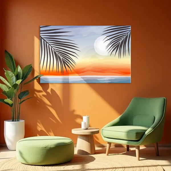 Tropical Sunset Painting | Beach Bliss Canvas With Palm Leaves & Ocean Horizon | Relaxing Wall Art for Home Décor