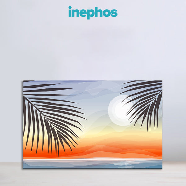 Tropical Sunset Painting | Beach Bliss Canvas With Palm Leaves & Ocean Horizon | Relaxing Wall Art for Home Décor