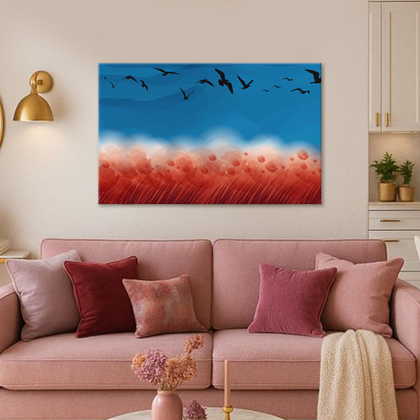 Flying Birds Painting | Nature-Inspired Modern Abstract Canvas | Blue & Red Wall Art For Living Room, Bedroom & Office Décor