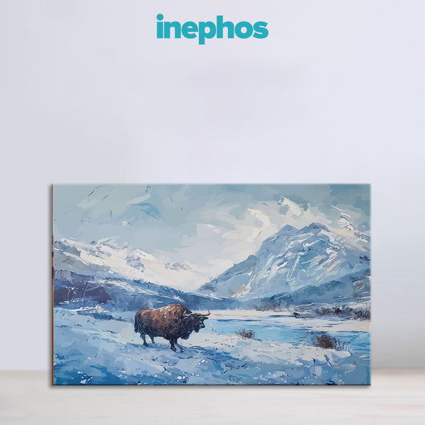 Yak In Snowy Mountains Painting | Winter Wilderness Canvas | Snowy Peaks Scene For Nature-Inspired Home & Cabin Wall Art