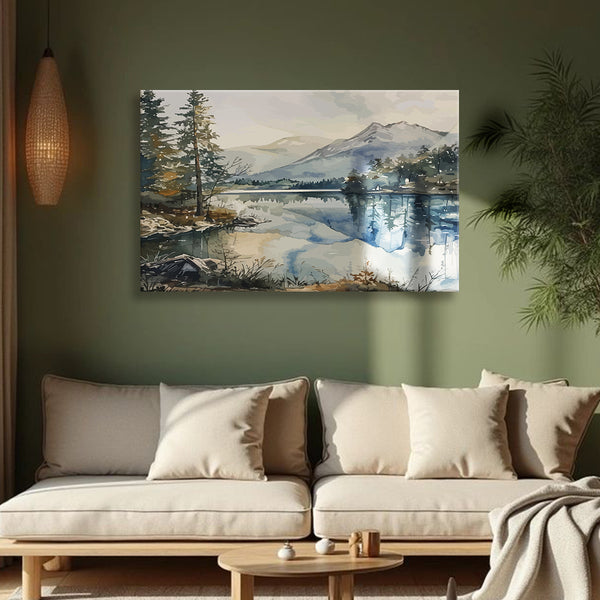 Lake And Mountain View Painting | Quiet Serene River Bank Canvas | Calm Nature Lakeside Scene Wall Art For Bedroom, Living Room, And Relaxation Corners