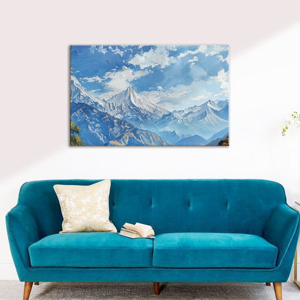 Himalayan Peaks Under Clear Sky Painting | Majestic Mountain View Canvas | Clear Landscape Wall Art For Living Room & Study Decor