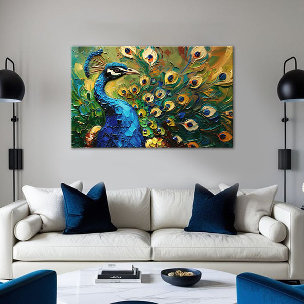 Golden Feathers Peacock Vastu Painting | Colorful Traditional Canvas | Vibrant Bird Wall Art For Living Room & Gifting