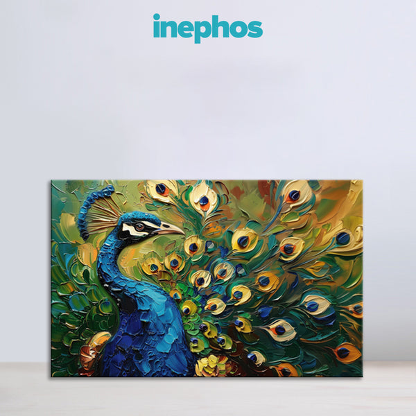 Golden Feathers Peacock Vastu Painting | Colorful Traditional Canvas | Vibrant Bird Wall Art For Living Room & Gifting