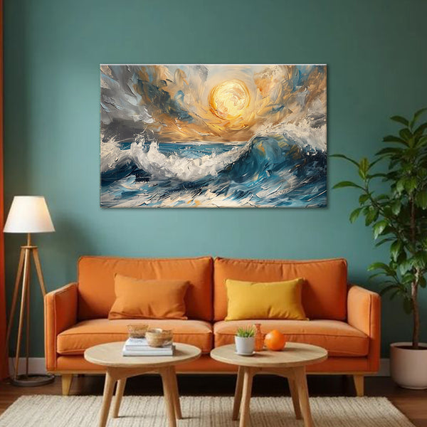 Waves Crashing Under Golden Sun Painting | Dramatic Ocean View Canvas Scene | Calm Serene Sea Or River Wall Art & Décor