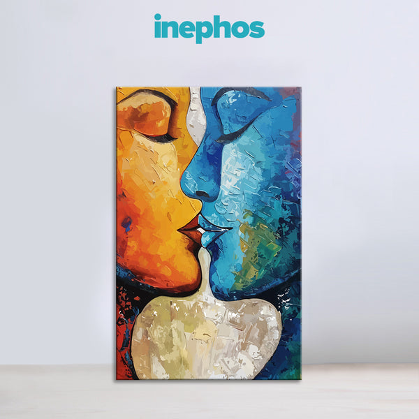 Romantic Abstract Kiss Painting | Modern Blue Orange Couple Canvas | Love Face Wall Art for Bedroom & Living Room Decor