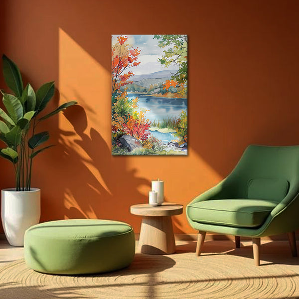 Autumn Lake Painting | Vibrant Nature Landscape Canvas | Flower Wall Art for Living Room & Office Décor