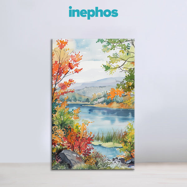 Autumn Lake Painting | Vibrant Nature Landscape Canvas | Flower Wall Art for Living Room & Office Décor
