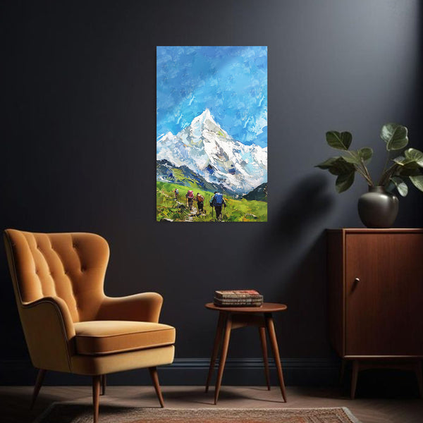 Mountain Trekking Painting | Adventure Landscape Canvas | Snow Peak Nature Wall Art for Home & Office Décor