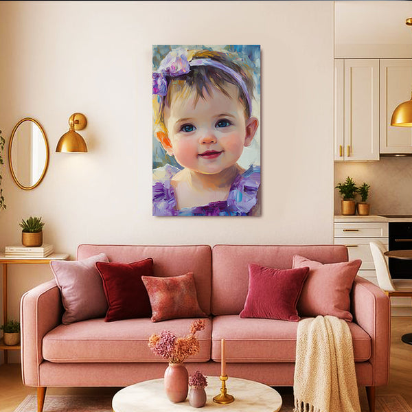 Cute Baby Girl Painting | Oil Style Baby Face Canvas Portrait & Photo Frame | Wall Art Gift for New Parents