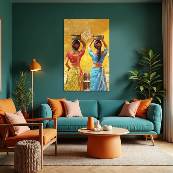 Traditional Indian Women Painting | Saree Women with Pot | Ethnic Wall Art for Living Room & Pooja Room Decor