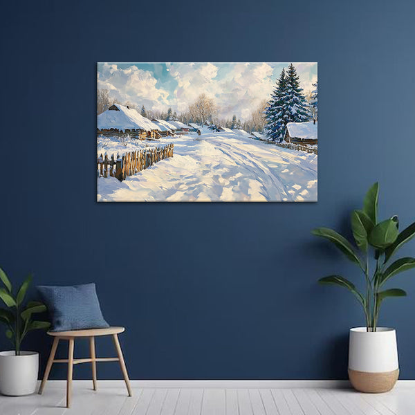 Winter Village Landscape Painting | Peaceful Nature Scene Canvas | Snowy Countryside Wall Art for Living Room & Office Decor
