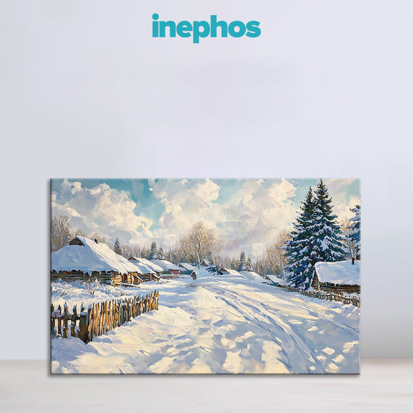 Winter Village Landscape Painting | Peaceful Nature Scene Canvas | Snowy Countryside Wall Art for Living Room & Office Decor