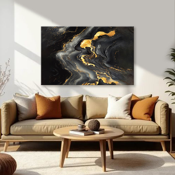 Golden Veins on Black Marble Painting | Luxury Abstract Fluid Art Canvas | Modern Black & Golden Paint Wall Art for Modern Living Room, Office & Gallery Wall Décor
