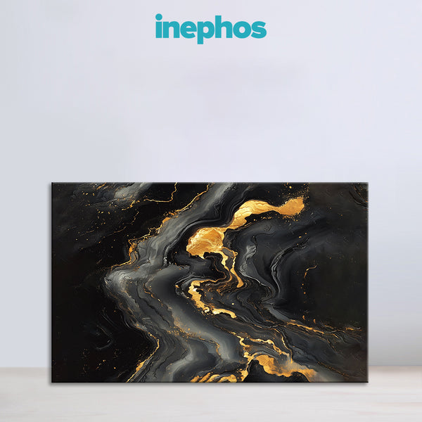 Golden Veins on Black Marble Painting | Luxury Abstract Fluid Art Canvas | Modern Black & Golden Paint Wall Art for Modern Living Room, Office & Gallery Wall Décor