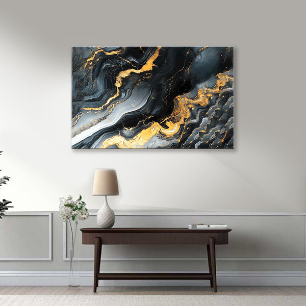 Midnight Gold Abstract Painting | Luxurious Black & Gold Fluid Canvas | Modern Paint Wall Art for Living Room, Office, Hotel & Contemporary Wall Décor