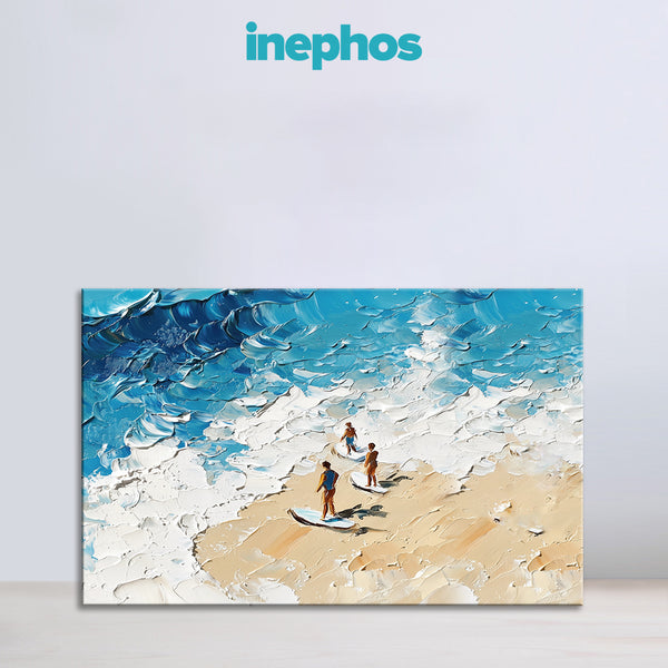 Beach Surfing Painting | Modern Textured Sea Scene Canvas | Ocean Waves Coastal Wall Art for Home & Living Room Decor