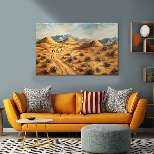 Desert Camel Caravan Painting | Rajasthani Travel Landscape Canvas | Sand Dunes & Mountain Wall Art for Home & Office