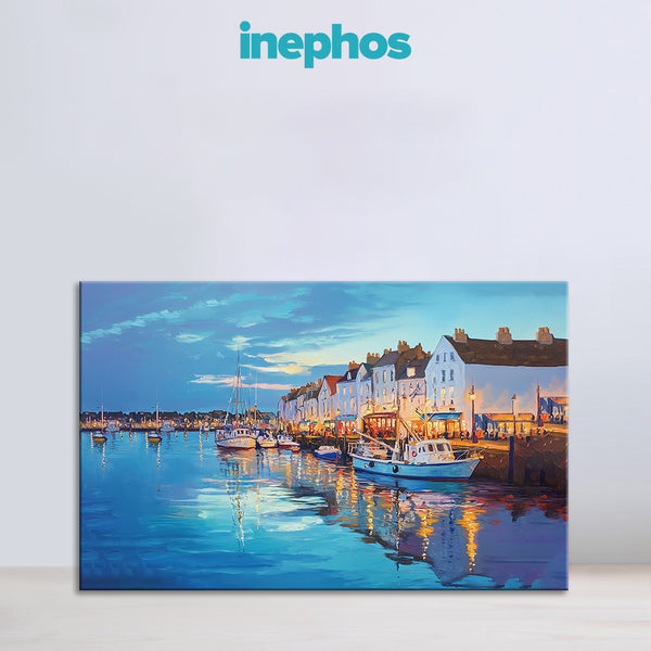 Harbor City at Dusk Painting | Waterfront Night Scene Canvas | Vibrant Coastal Wall Art for Living Room & Office Décor