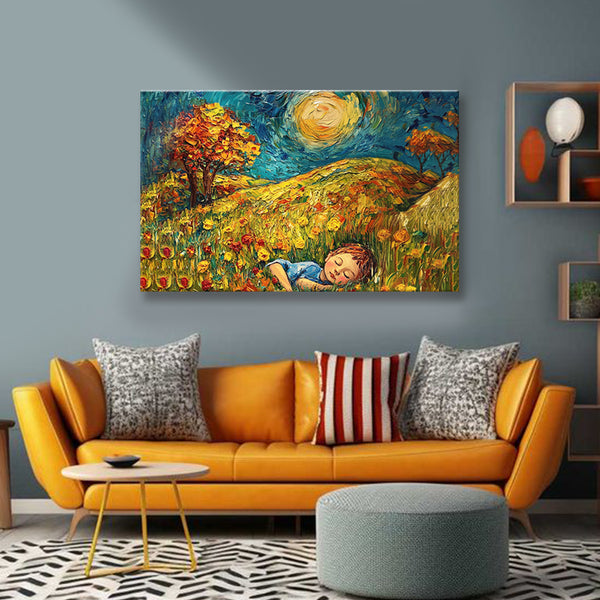 Dreamy Nights Painting | Child Sleeping in Floral Field Canvas | Colorful Nature Landscape Wall Art Scene for Bedroom & Kids Room
