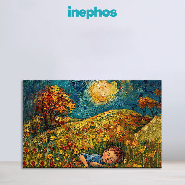 Dreamy Nights Painting | Child Sleeping in Floral Field Canvas | Colorful Nature Landscape Wall Art Scene for Bedroom & Kids Room