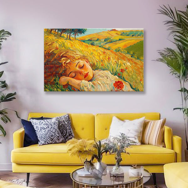 Golden Dreams Painting | Sleeping Girl in Wheat Field Canvas | Peaceful Countryside Landscape Wall Art Scene for Bedroom & Kids Room