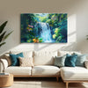 Forest Waterfall Painting | Refreshing Vastu Green Blue Nature Canvas | River & Leaves Energy Flow Landscape Painting for Living Room and Wall Décor