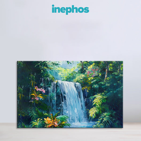 Forest Waterfall Painting | Refreshing Vastu Green Blue Nature Canvas | River & Leaves Energy Flow Landscape Painting for Living Room and Wall Décor